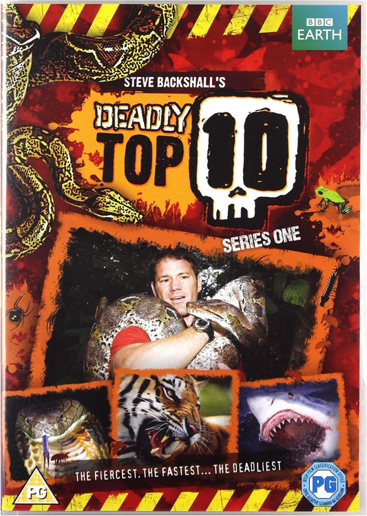 Deadly Top 10 Series One DVD cover by Steve Backshall, featuring a collage of dangerous animals and a man holding a large snake, with BBC Earth branding.
