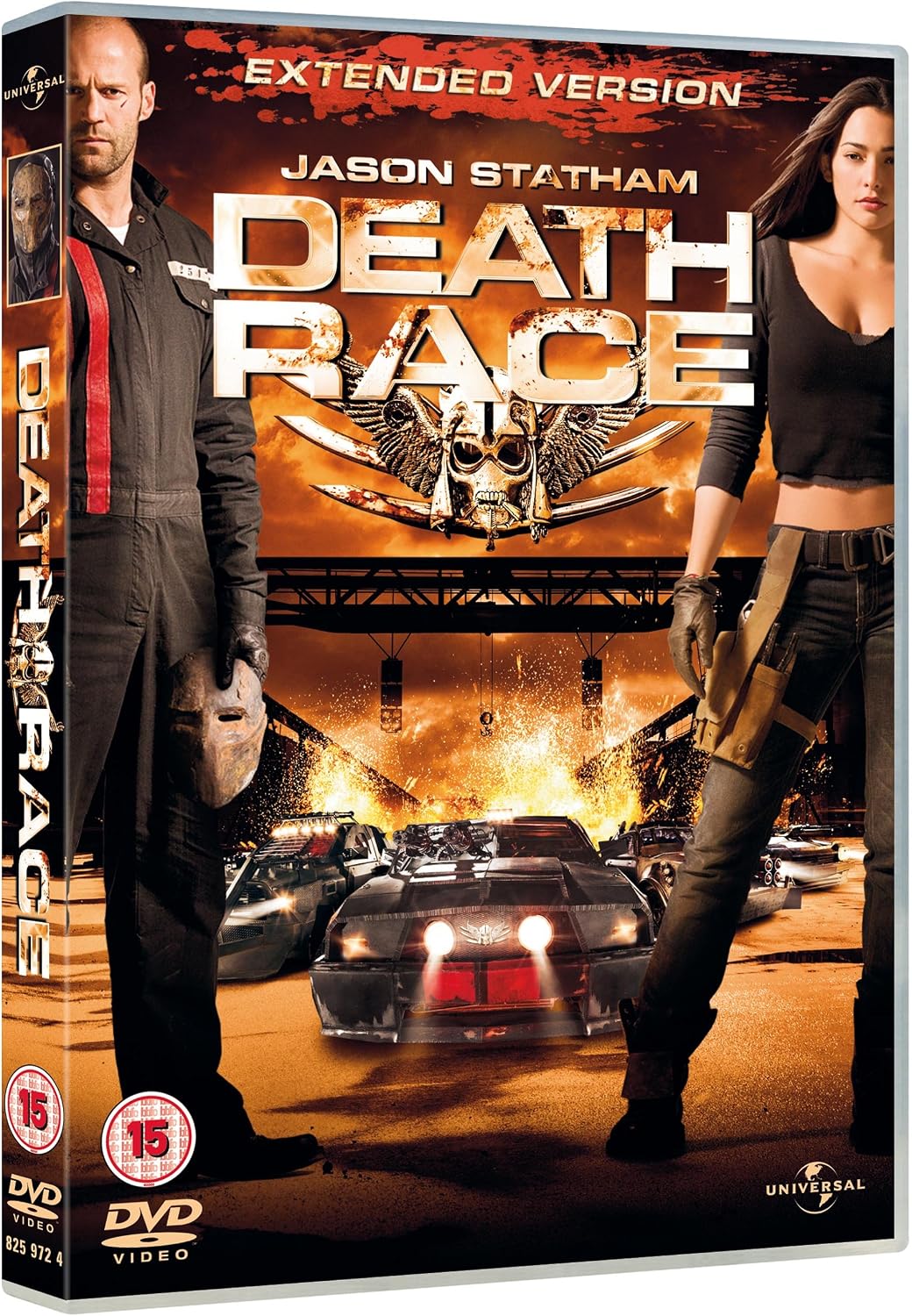 DVD cover for the extended version of the movie Death Race, featuring Jason Statham on the left and a woman on the right, with a car and fiery scene in the center. The spine is visible on the left edge, and the Universal logo appears at the bottom right.