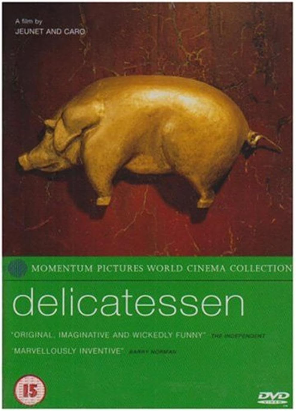 DVD cover for the film 'delicatessen' from the Momentum Pictures World Cinema Collection, featuring a golden pig sculpture against a dark reddish-brown textured background with a green band at the bottom.
