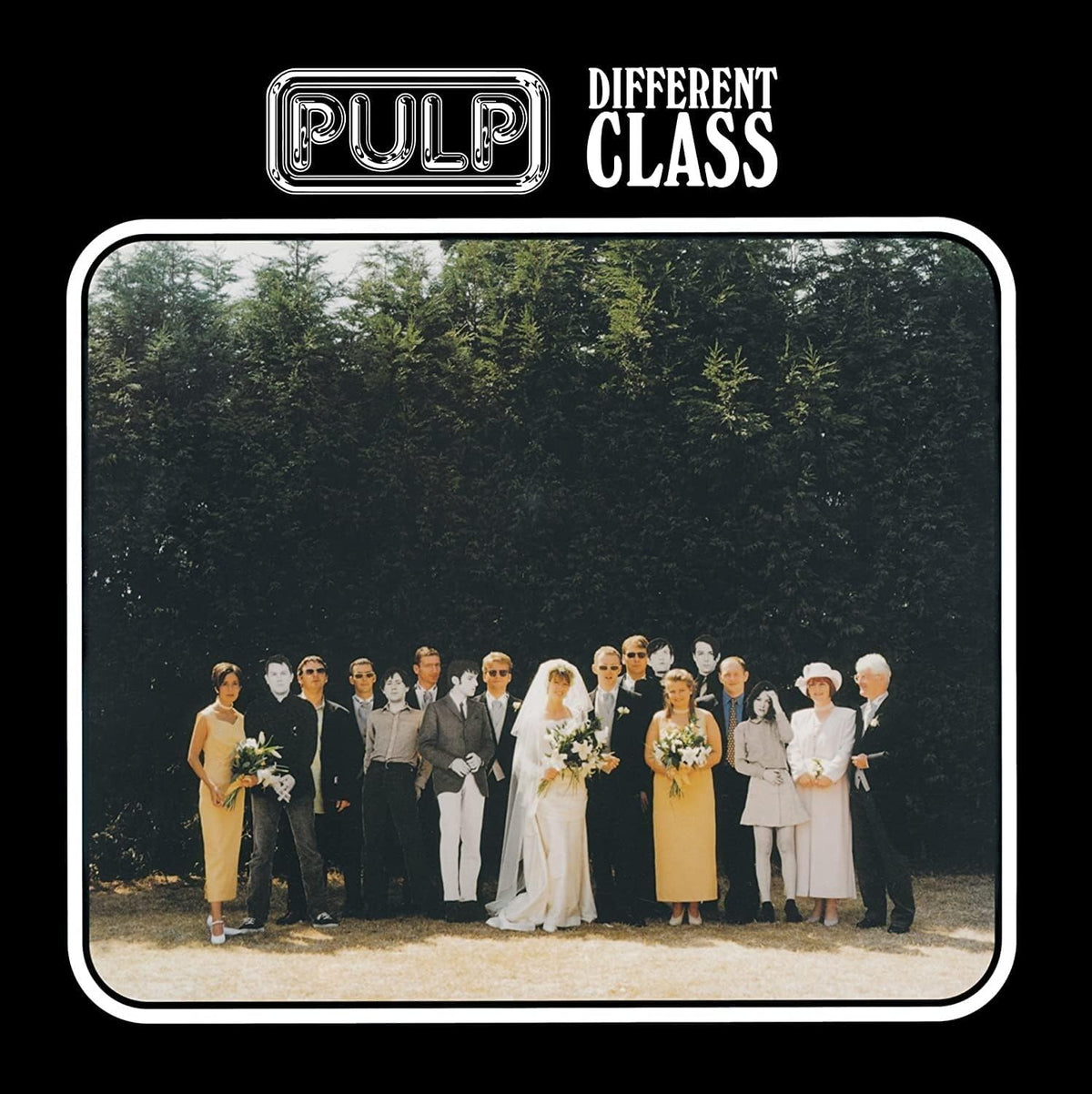 Album cover for 'Different Class' by Pulp featuring a group of people in formal attire against a dark background.