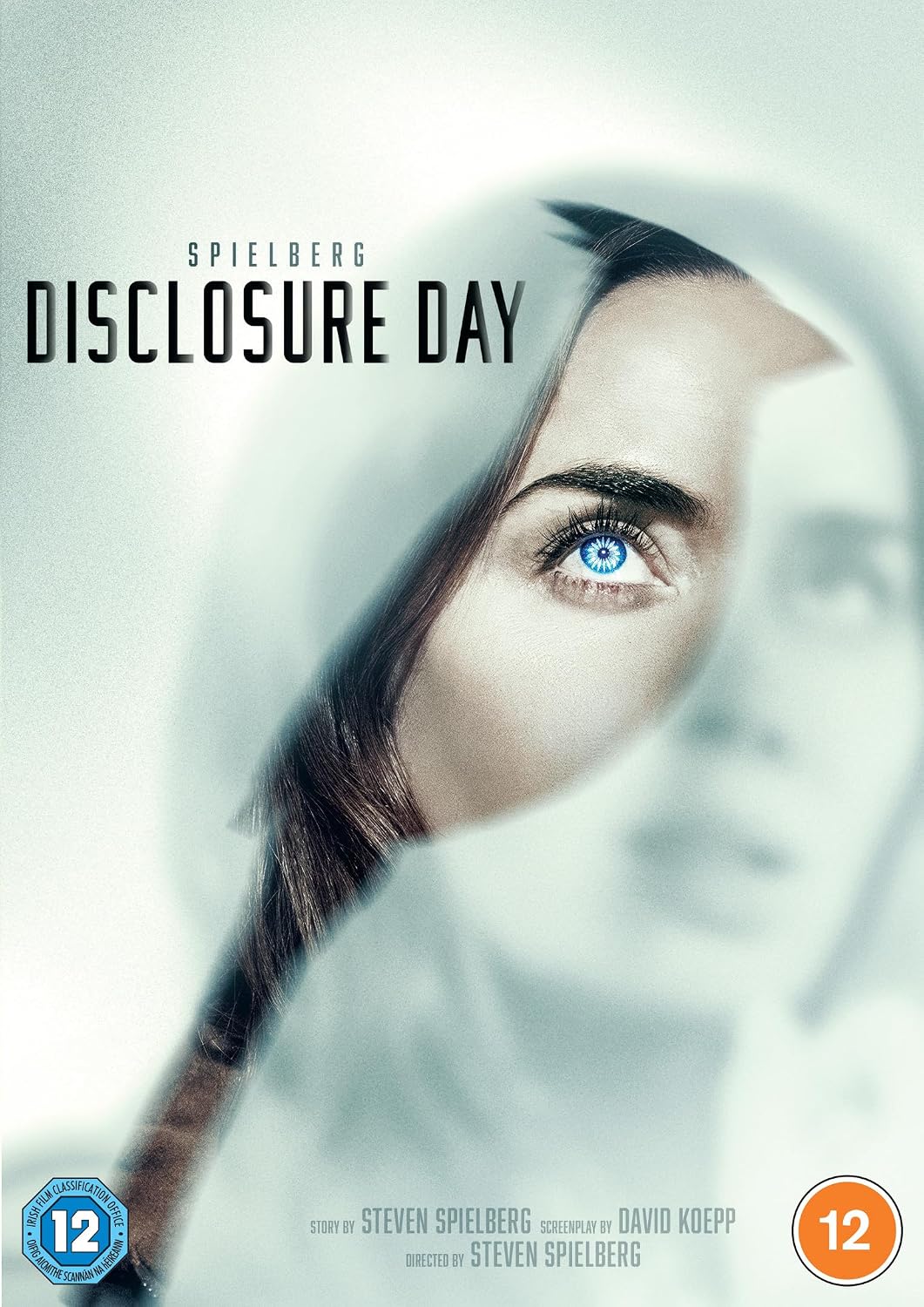 Movie poster for 'Disclosure Day' featuring a close-up of a woman's face with a translucent overlay and a single bright blue eye. The title 'DISCLOSURE DAY' is printed in large black letters, with Spielberg and screenplay credits visible.