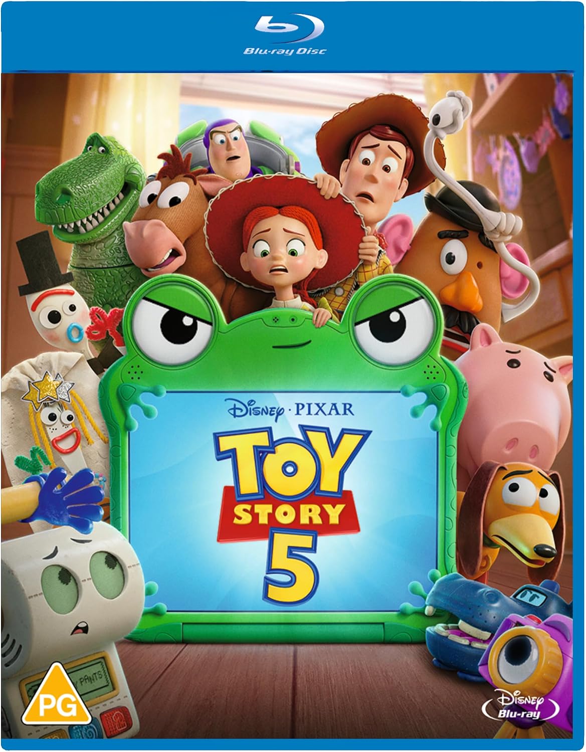 Disney Pixar Toy Story 5 Blu-ray movie cover featuring a green frog-shaped tablet in the center with Woody, Jessie, Buzz Lightyear, Rex, Bull, Hamm, and other characters surrounding it. The Blu-ray Disc logo appears at the top, with a PG rating icon at bottom left.