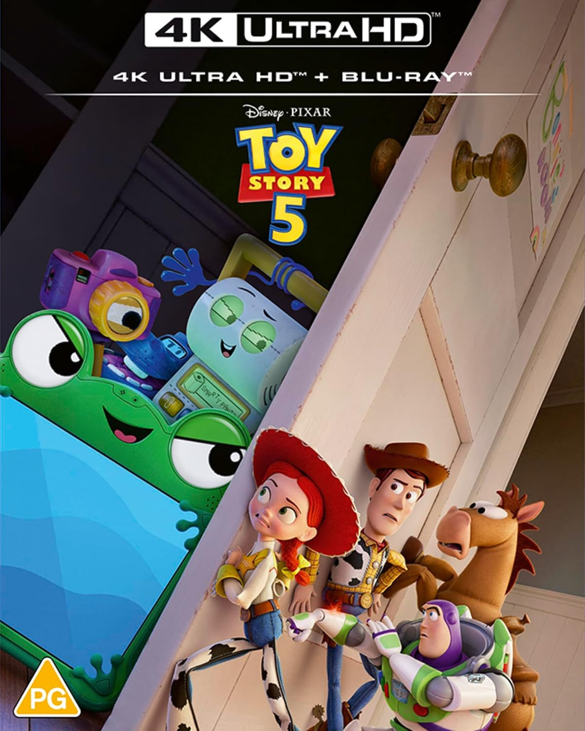 Disney Pixar Toy Story 5 4K Ultra HD + Blu-ray cover art showing Woody, Buzz Lightyear, Jessie, and Bull in a tilted room scene with the title and 4K Ultra HD text at the top.