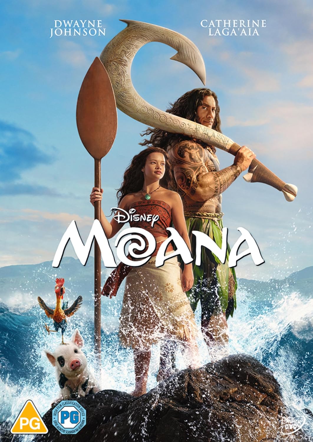 Disney Moana movie poster featuring Dwayne Johnson and Catherine Lagaiaa standing on a rocky ocean shore with waves, holding traditional Polynesian tools, with the title Moana and PG rating logos at the bottom.