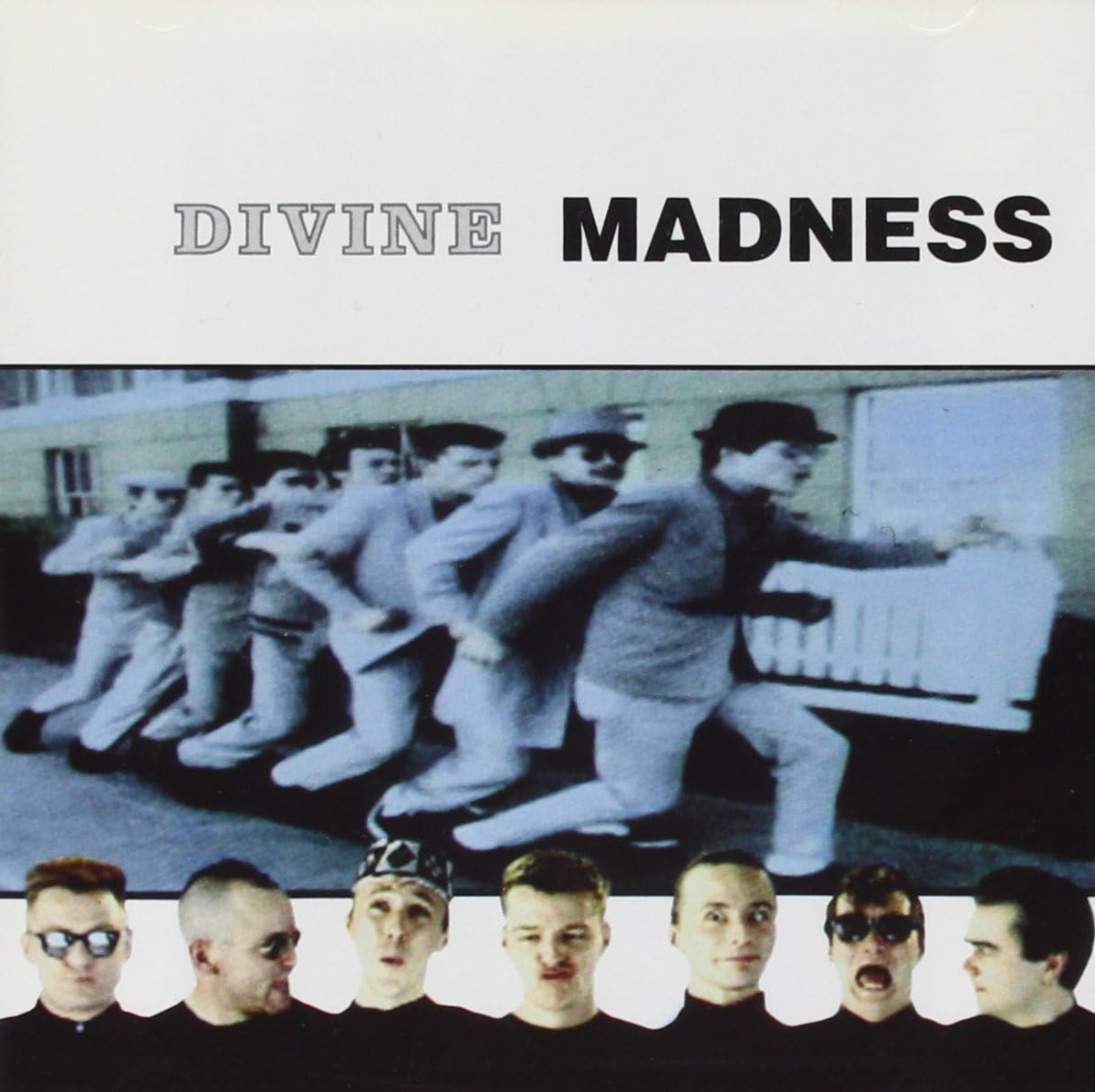 Album cover for 'Divine Madness' with a collage of faces and a black and white scene.