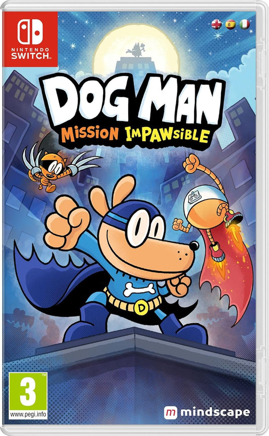 A cover image for the Nintendo Switch game 'Dog Man: Mission Impawsible', featuring an animated cartoon dog character in a superhero costume with a playful facial expression, against a dark background with a full moon.