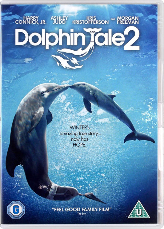 The DVD cover of the movie 'Dolphin Tale 2' featuring two dolphins swimming underwater against a blue ocean background, with the title and actor names printed on the cover.