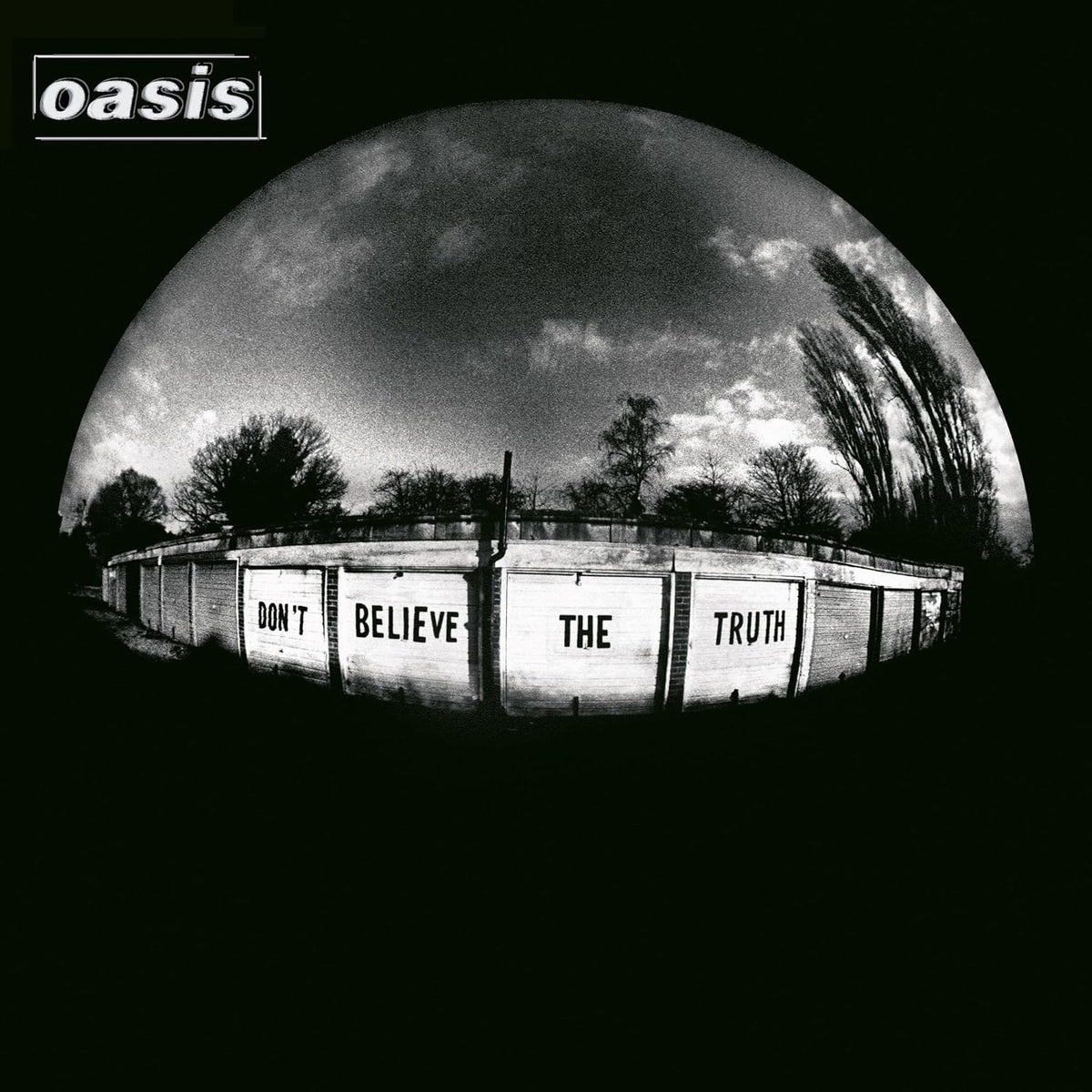 Album cover with 'oasis' band name, text 'Don't Believe The Truth', and a reflective surface.