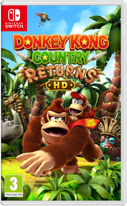 Cover art for the Nintendo Switch game 'Donkey Kong Country Returns HD' featuring animated characters Donkey Kong and Mario in a tropical setting.