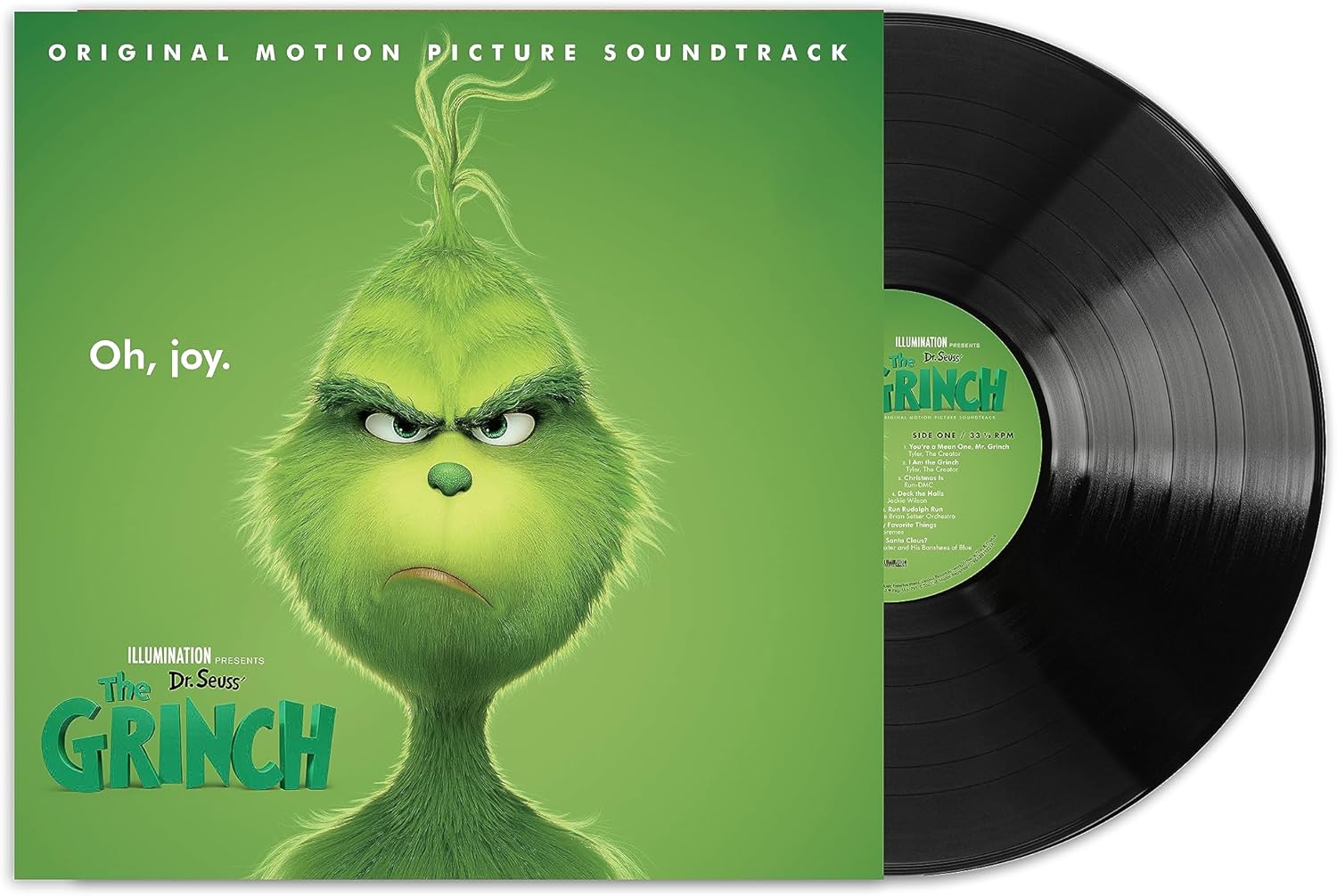 Vinyl record cover for 'The Grinch' with a green character and text on a green background