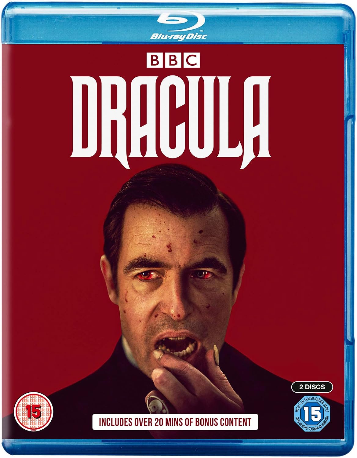 BBC Dracula Blu-ray Disc box set cover, featuring a red background, the title 'Dracula' in large white letters, and a portrait of Count Dracula. The blue Blu-ray case border is visible, with age rating badges and '2 discs' text.