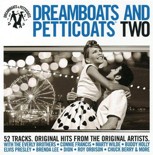 Album cover for 'Dreamboats and Petticoats Two' with a couple embracing at night and a ferris wheel in the background.