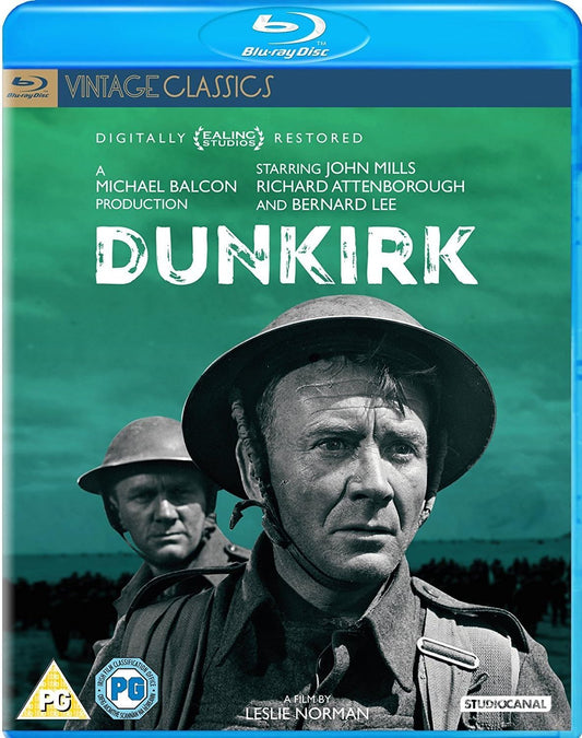 Blu-ray cover of 'Dunkirk' with vintage-style portrait of a soldier and text.