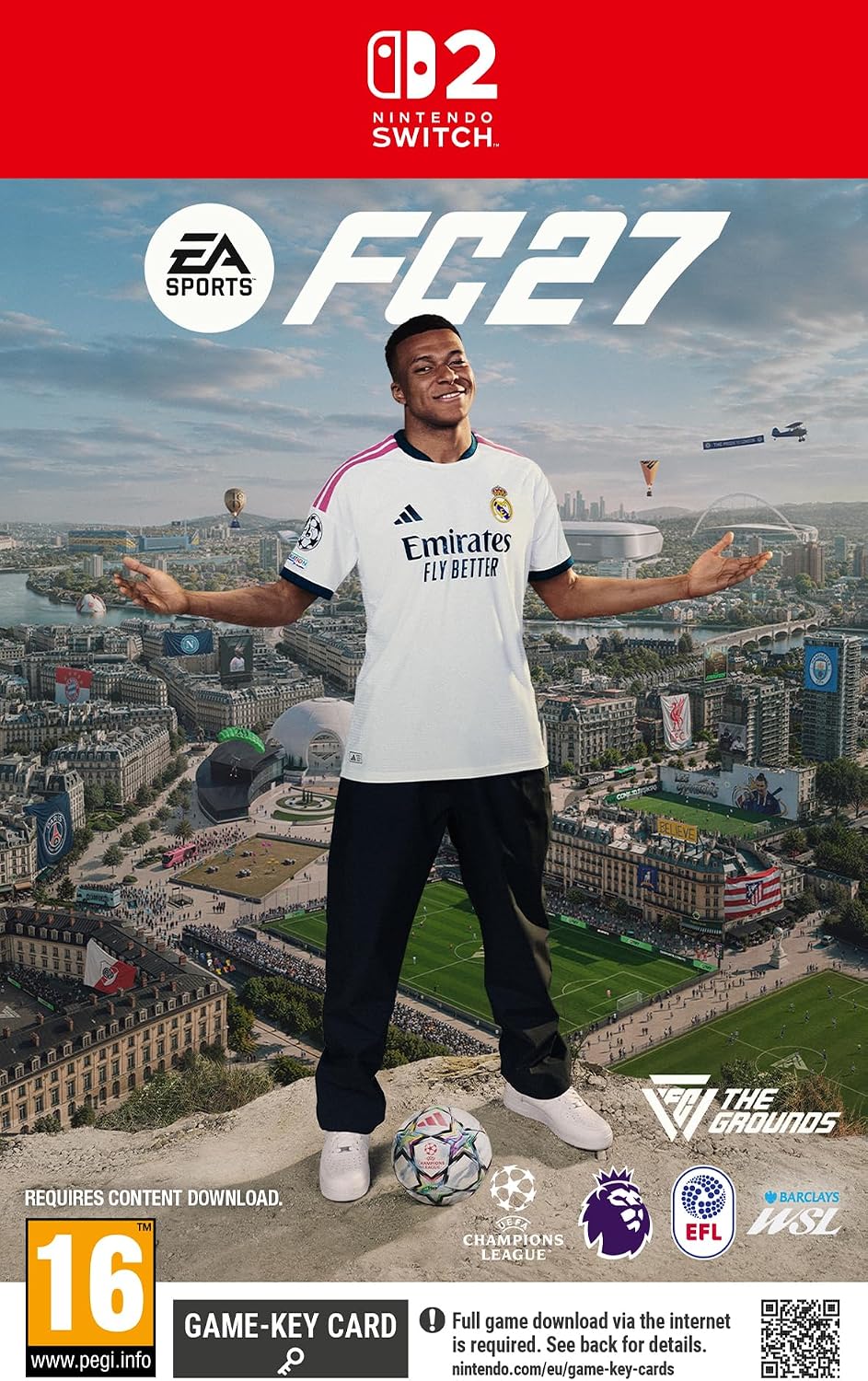 Nintendo Switch game cover for FC 27 by EA Sports, featuring a man in a white Real Madrid jersey standing on a rooftop overlooking a cityscape. The cover includes Nintendo Switch branding, EA Sports FC 27 title text, a PEGI 16 rating, and logos for The Grounds, EFL, and WSL.