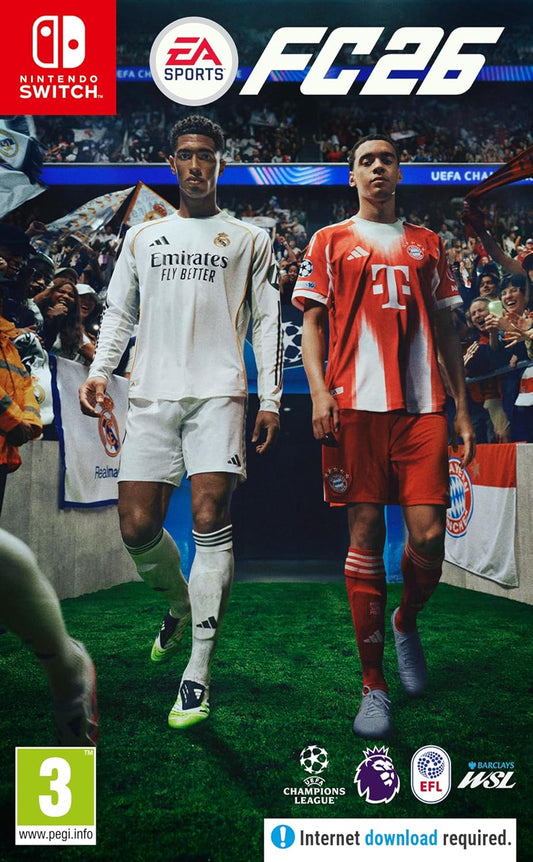 Cover of FC 26 video game featuring two soccer players on a stadium background.