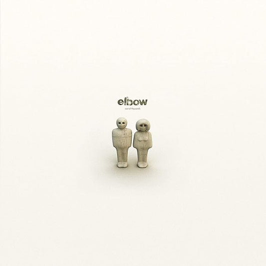 A vinyl record titled 'Elbow Cast Of Thousands' with a gray artistic illustration of two figures on the label.