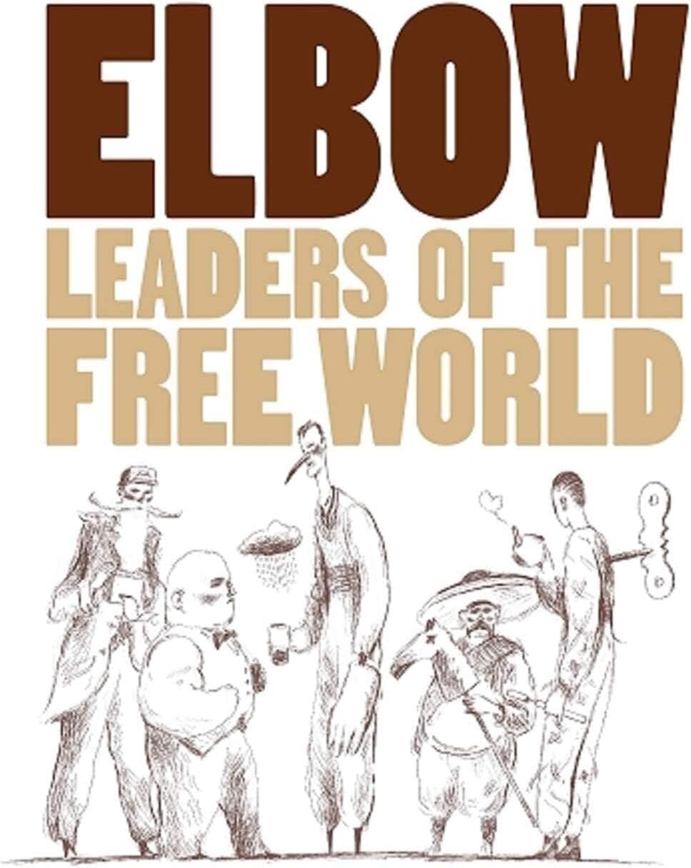 Elbow Leaders Of The Free World album cover art featuring a sketch of a character with a towel around the neck, another with a hat, and a third in the background, all with expressive facial expressions.