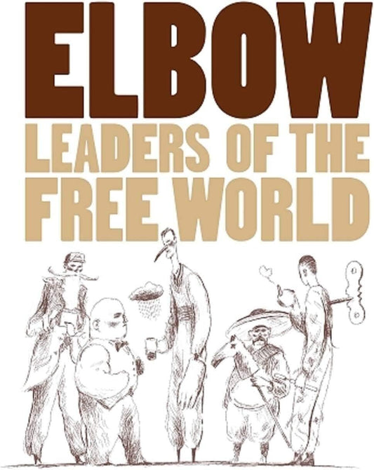 Elbow Leaders Of The Free World album cover art featuring a sketch of a character with a towel around the neck, another with a hat, and a third in the background, all with expressive facial expressions.