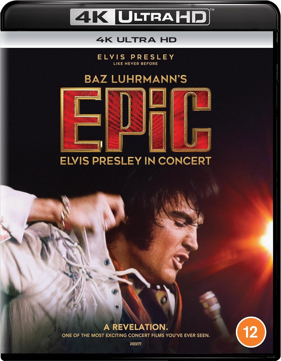 DVD cover of 'Epic: Elvis Presley in Concert' with 4K Ultra HD label and Elvis Presley's face.