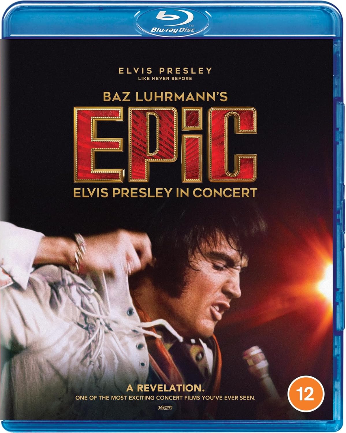 Blu-ray cover of 'Epic: Elvis Presley in Concert' with a close-up of Elvis Presley and text.