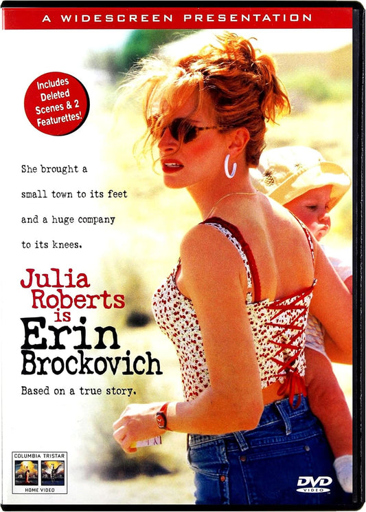DVD cover of 'Erin Brockovich' featuring Julia Roberts with a child, set against a natural background.