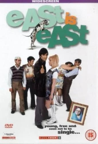 DVD cover of 'East Is East' with characters and text on a white background