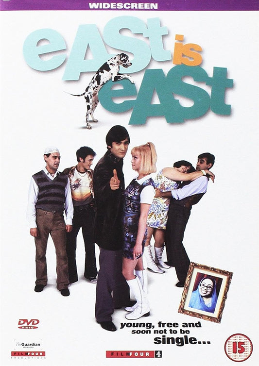 DVD cover for the movie 'East is West' featuring the title in large stylized letters, a dalmatian jumping, a group of young actors standing together, and a framed portrait at the bottom on a white background.
