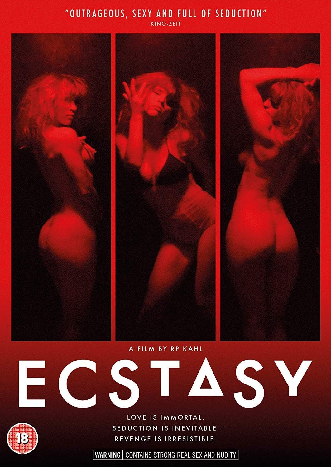 Movie poster for 'Ecstasy' with three panels of a woman in a red and black color scheme.