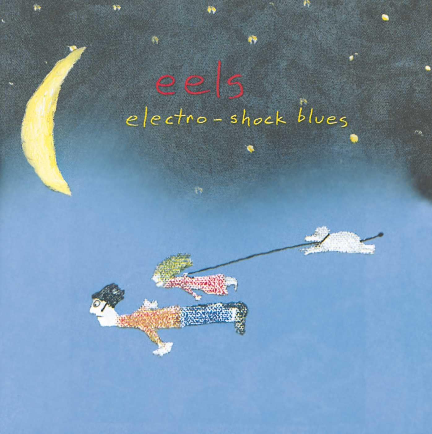Album cover for 'electro-shock blues' by eels with a person lying on a blue surface under a yellow crescent moon and stars.