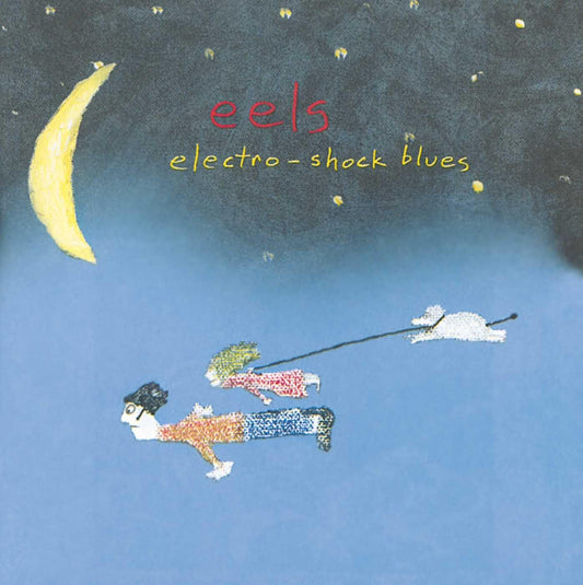 Album cover for 'electro-shock blues' by eels with a person lying on a blue surface under a yellow crescent moon and stars.