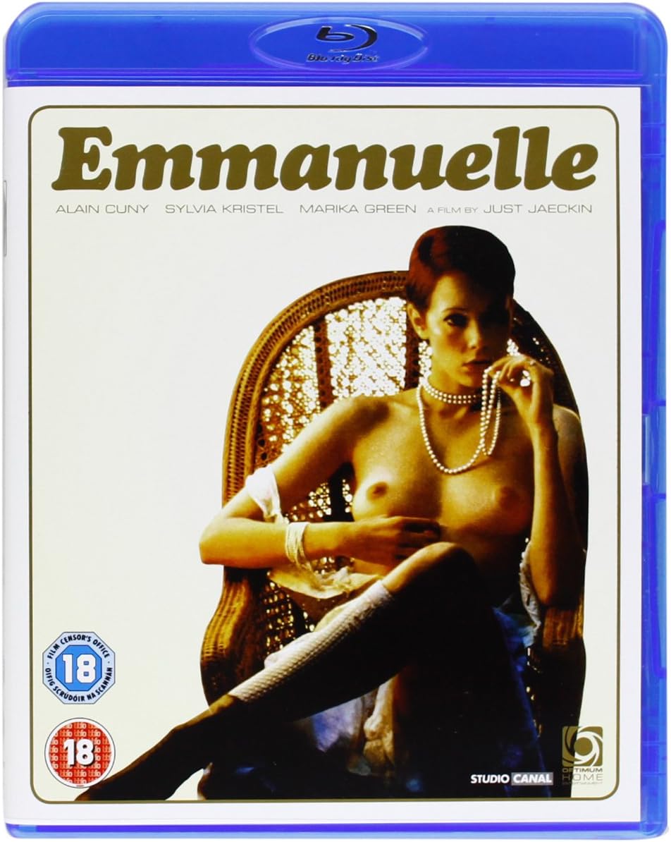 Blu-ray cover for the film 'Emmanuelle' featuring a seated woman in a wicker chair on a cream background, with a blue plastic Blu-ray case visible around the edges.