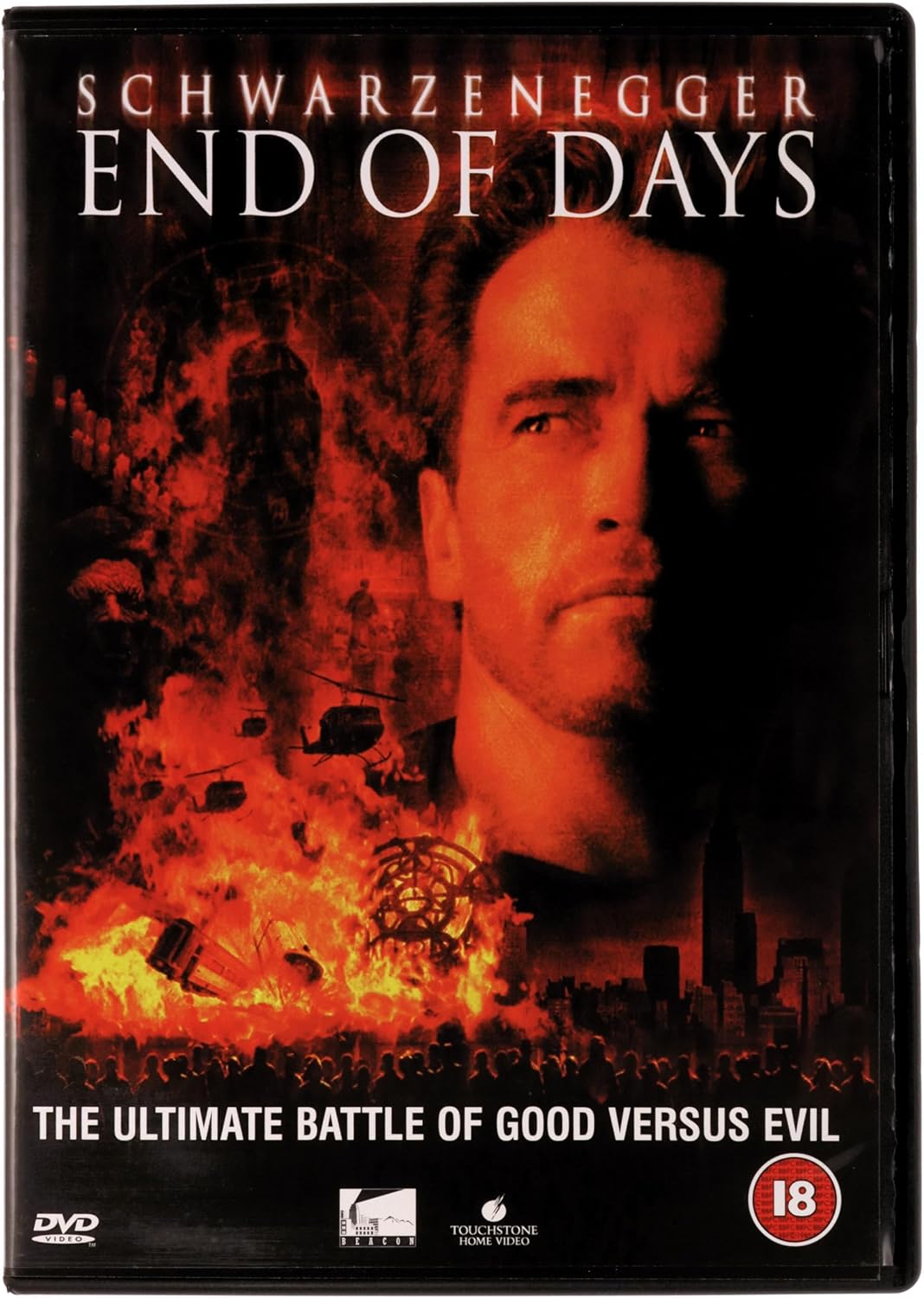 DVD cover for the movie 'End of Days' starring Schwarzenegger, featuring a fiery battle scene with a large red-tinted portrait of Schwarzenegger on the cover.