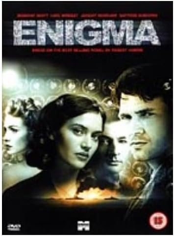 DVD cover for the film 'Enigma' featuring a collage of actors including Robert Harris, Juliette Lewis, and Jonathan Swan, with the title 'ENIGMA' in large textured letters at the top.