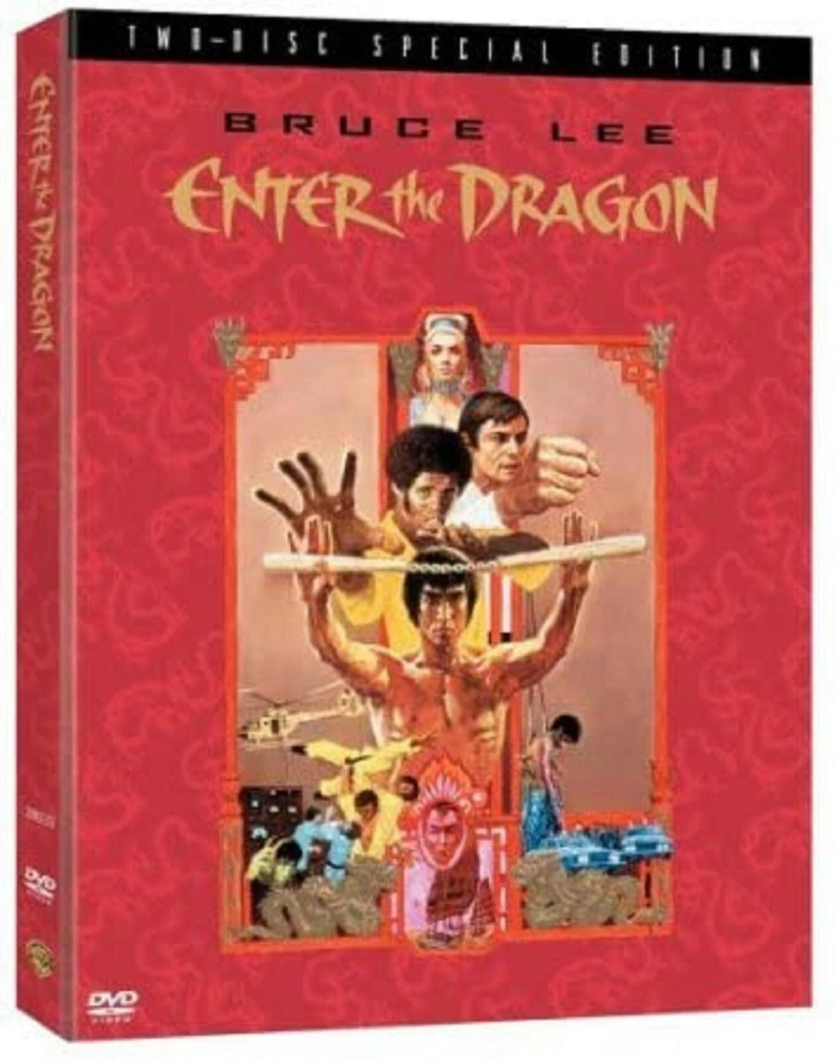 DVD box set for Bruce Lee's 'Enter the Dragon' Two-Disc Special Edition, featuring a red patterned cover with character artwork and a black top banner.