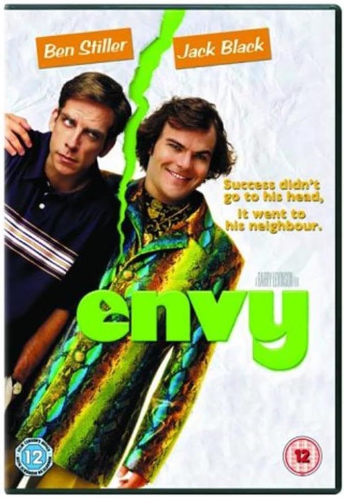 DVD cover for the movie 'Envy' starring Ben Stiller and Jack Black, featuring a split design with a dark shirt on the left and a bright multicolored patterned jacket on the right, with the title 'envy' in large green letters.