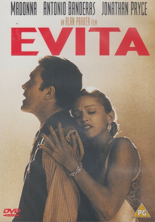 DVD cover for the film 'Evita' starring Madonna, Antonio Banderas, and Jonathan Pryce, featuring a sepia-toned illustration of the couple with bold red title text at the top.