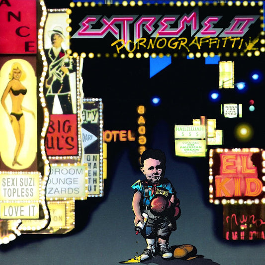 Album cover art for 'Extreme Pornography' featuring a stylized illustration of a man holding a camera in a neon-lit night scene with retro signage and a bikini model illustration on the left.