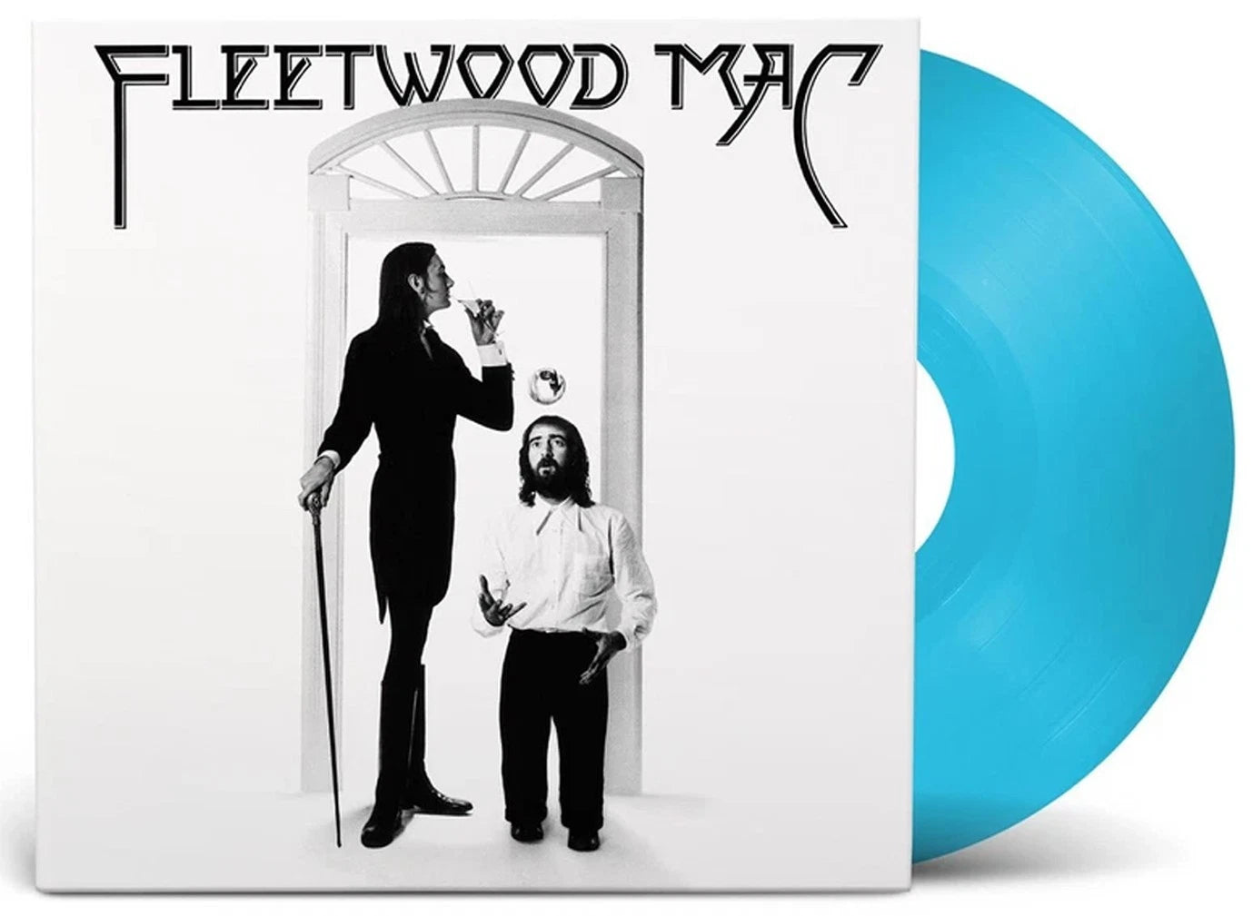 Fleetwood Mac 'Rumours' vinyl record album cover in white with a black-and-white photo of the band, shown next to a translucent light blue vinyl disc on a white background.