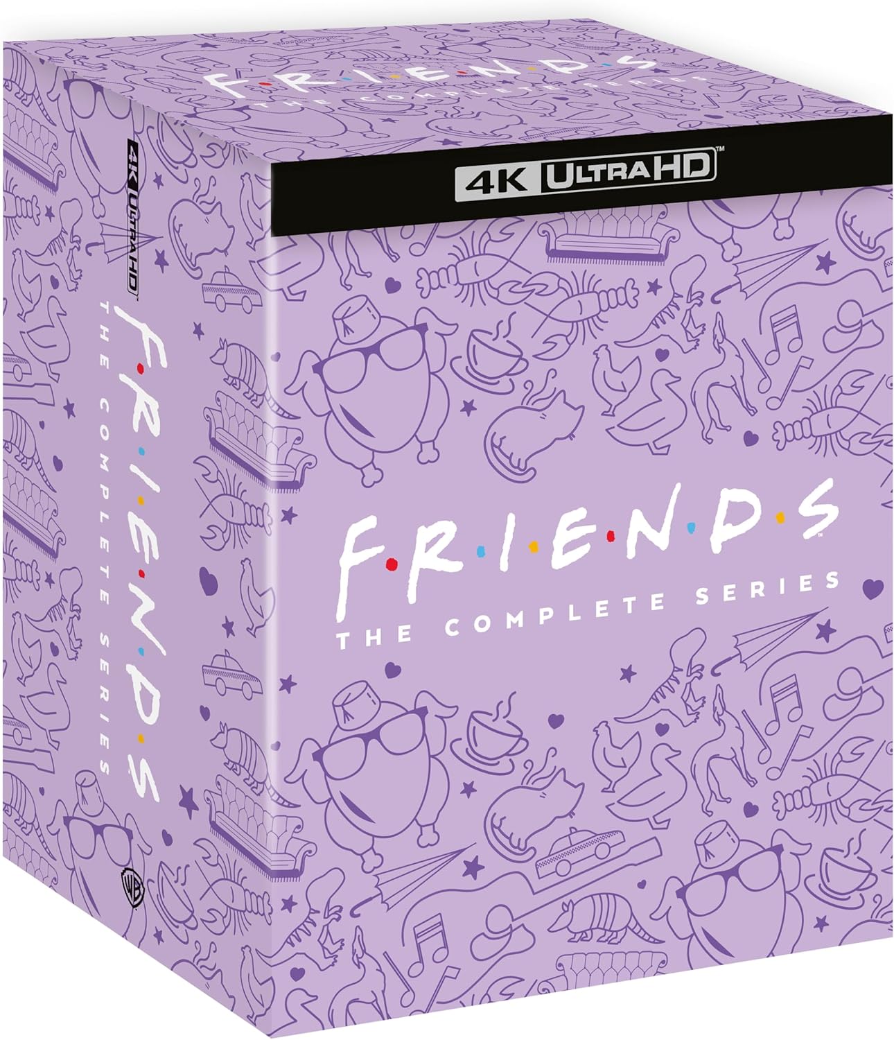 A 4K Ultra HD Blu-ray box set of the complete series of Friends, with colorful character and musical instrument illustrations on the cover.