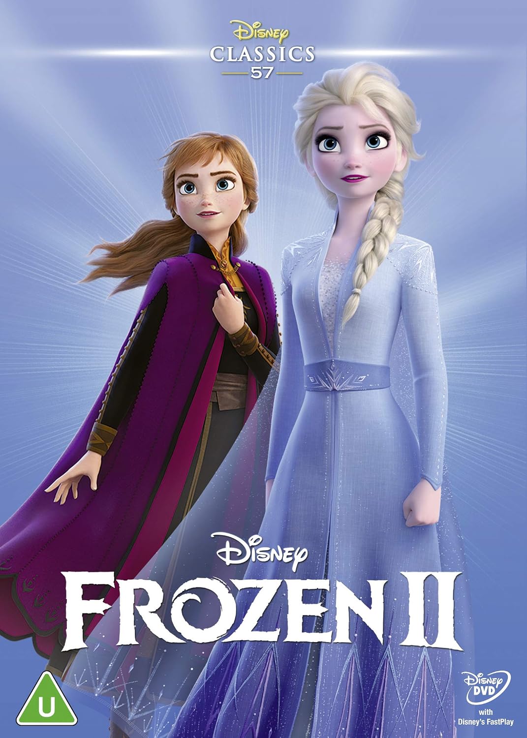 Disney Classics 57 Frozen II DVD cover featuring Anna in a purple cloak and Elsa in a light blue gown against a blue light background, with the Disney logo and Frozen II title.