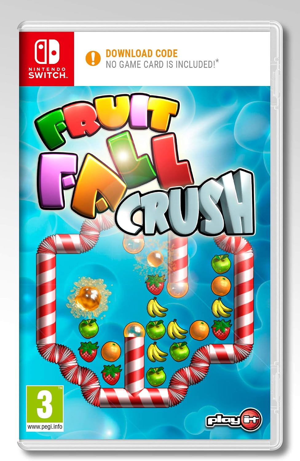 Nintendo Switch game case for Fruit Fall Crush, featuring colorful stylized title text, candy cane pipes, and falling fruit icons on a bright blue background. A Nintendo Switch logo and a download code notice are visible on the cover.