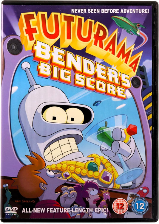 DVD cover of 'Futurama: Bender's Big Score' with animated character and vibrant colors.