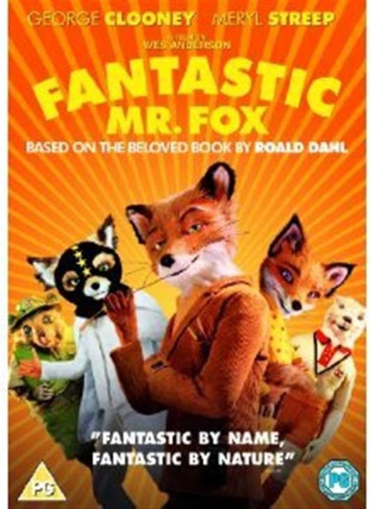 Front cover artwork for the movie Fantastic Mr. Fox, featuring illustrated fox characters in a bright orange/yellow sunburst background with large yellow title text and PG rating logos at the bottom.