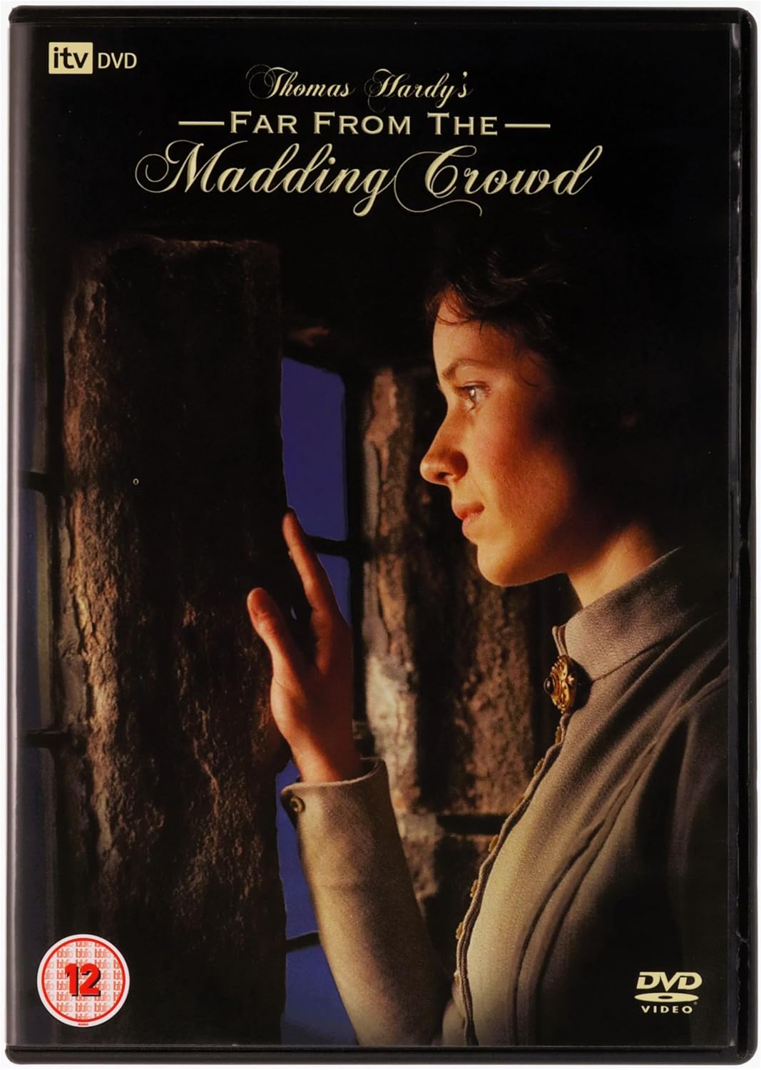 DVD cover for 'Thomas Hardy's Far From the Madding Crowd' featuring a woman in profile against a dark stone wall, with the ITV logo and age rating badge visible.