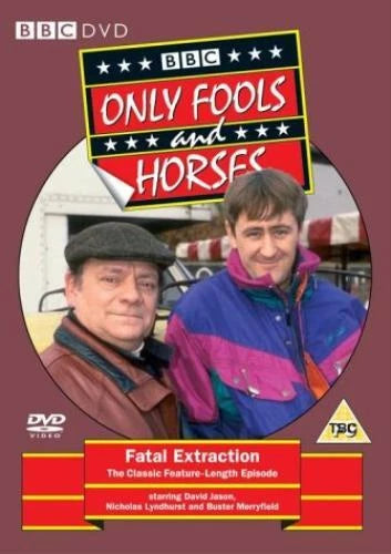 BBC DVD cover for 'Only Fools and Horses: Fatal Extraction', featuring a circular photo of two men in front of a horse trailer, with the title and BBC branding on a maroon background.