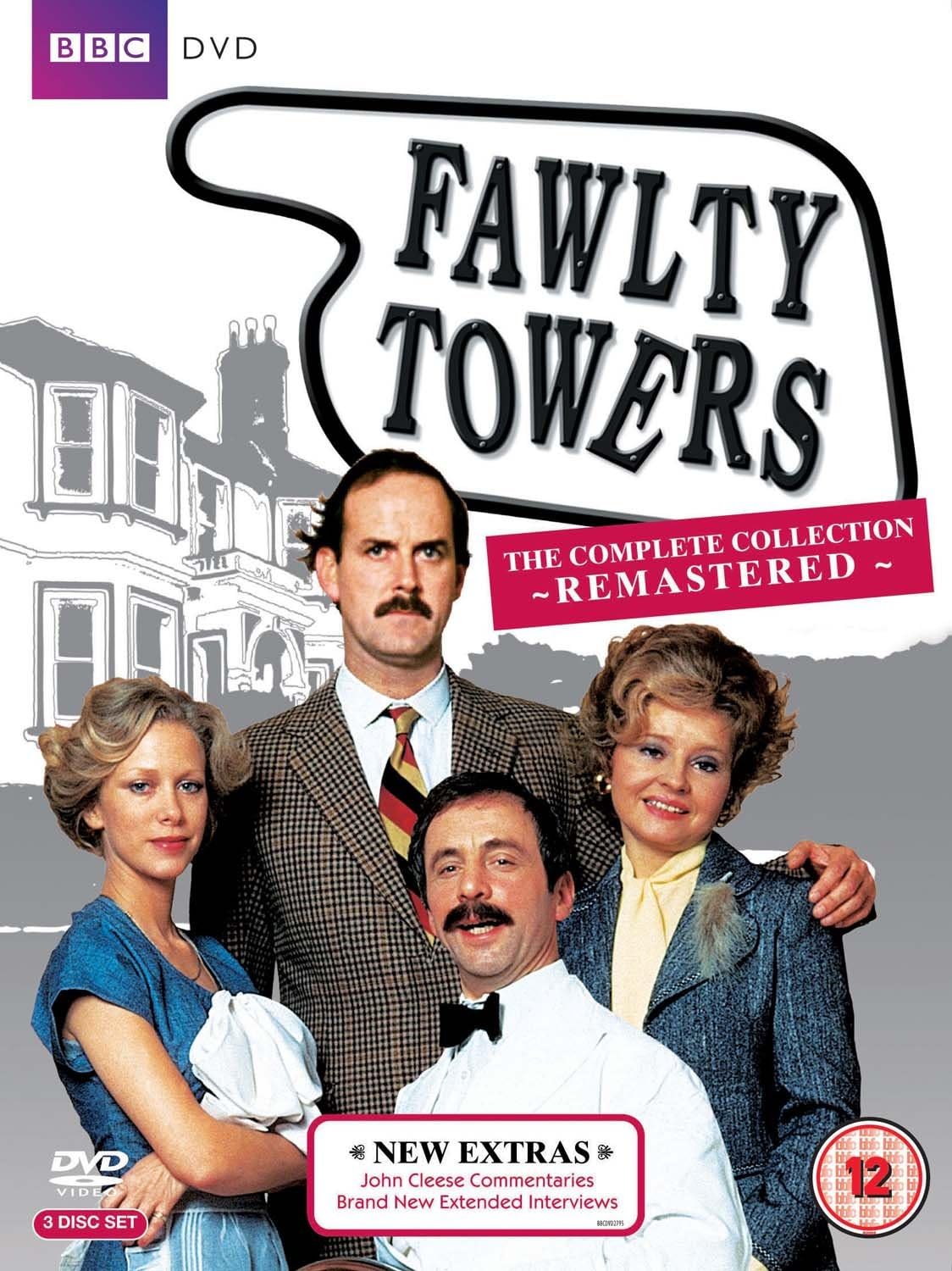 DVD cover for 'Fawlty Towers - The Complete Collection (Remastered)', featuring a group photograph of the main characters from the comedy series.