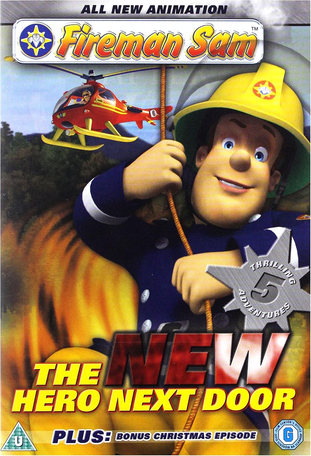 Front cover of a Fireman Sam DVD or VHS case, showing the animated character Fireman Sam in a yellow helmet and blue uniform with a rope, a red helicopter in the background, and large title text reading 'The New Hero Next Door.'.