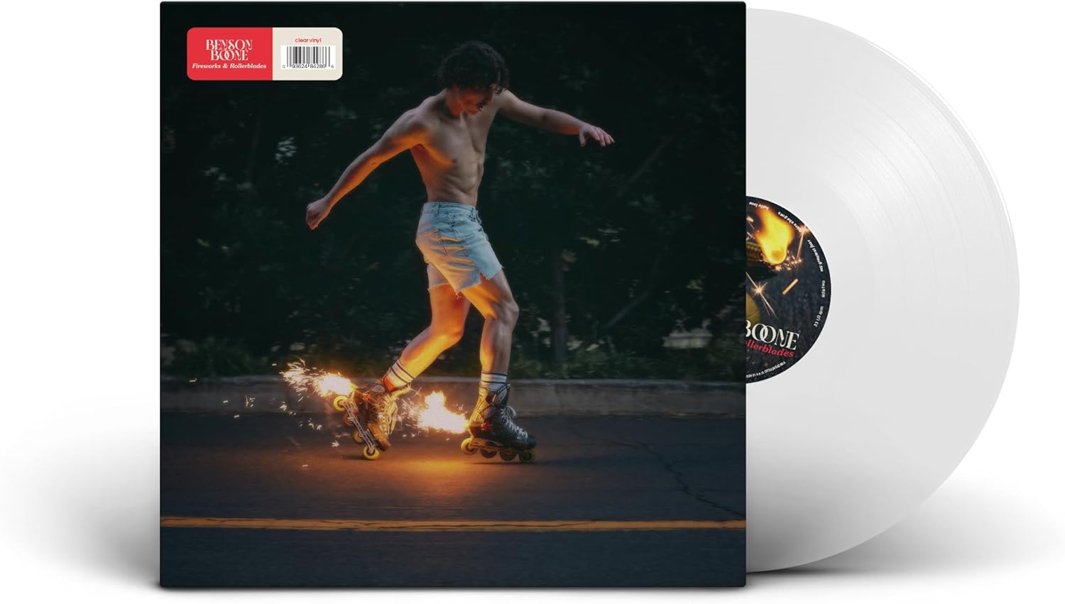 Vinyl record with a cover featuring a person on roller skates and fireworks.