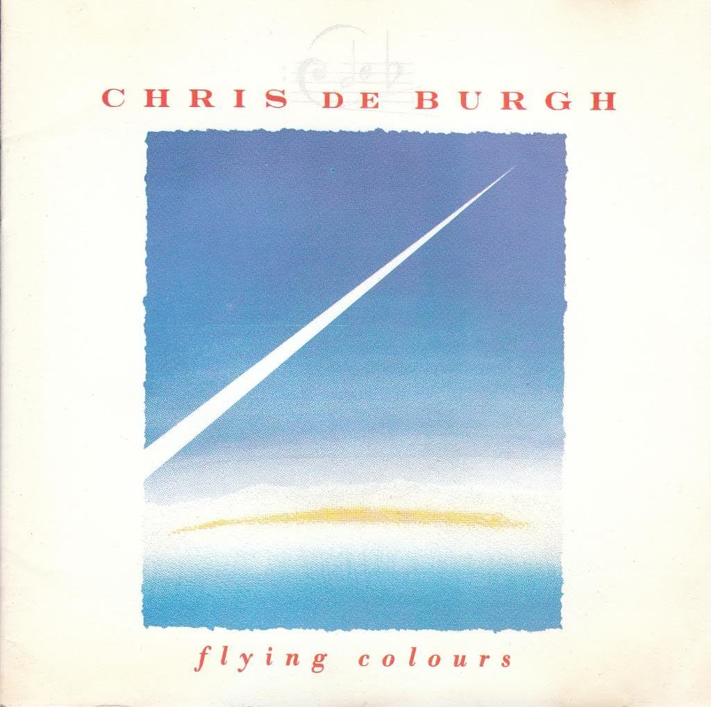 Chris De Burgh 'Flying Colours' album cover featuring a central square artwork of a blue sky with a white shooting star and a pale yellow horizon, on an off-white background with red text.
