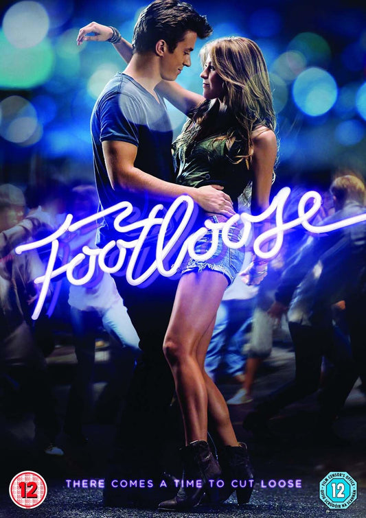 DVD cover for the movie 'Footloose' featuring a man and a woman dancing, with the title text and a dance floor background.